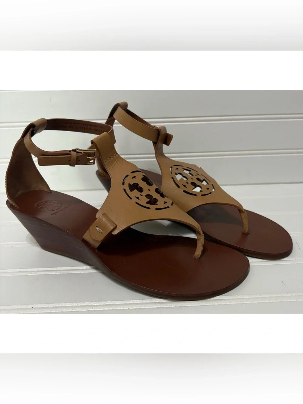 TORY BURCH Zoe Brown Leather Wedge Heel T Strap Sandals Shoes Womens Size 7 M